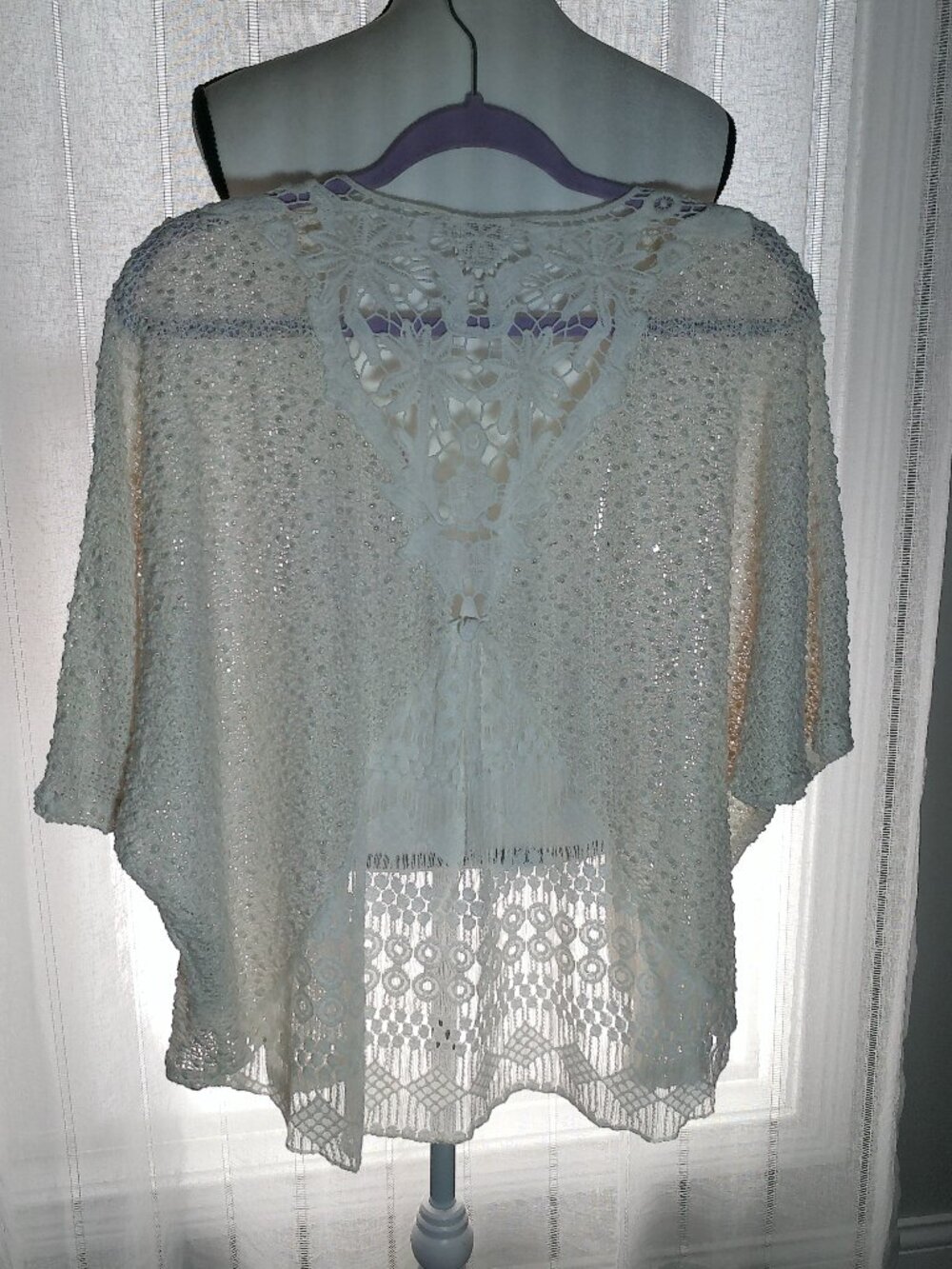 CHICO'S Shrt Sleeve Open Front Cream Sweater Sm.Popcorn Texture w/Lace/Sequins M - Picture 3 of 10
